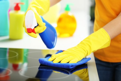 Cleaner treating stains on a sofa as part of sofa cleaning in Merton