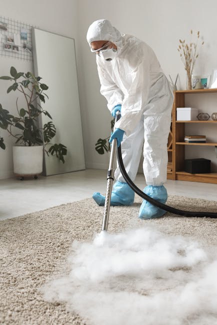 A professional cleaning technician dressed in full protective gear, including a white hazmat suit, face mask, gloves, and shoe covers, is performing surface cleaning on a beige, textured carpet in a modern, well-lit living room. The room features a large mirror leaning against a white wall, potted plants, and wooden shelving with decor items and books. Using a steam cleaning machine, the technician is applying deep cleaning to remove dirt and stains from the carpet, which appears moist with steam generated by the equipment. The scene emphasizes thorough sanitisation and maintenance of domestic carpets, showcasing expertise in deep cleaning services provided by Carpet Cleaners Merton near Cricket Green, Merton.