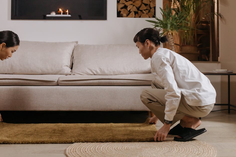 A professional cleaner from Carpet Cleaners Merton is kneeling on a beige area rug in a modern living room, inspecting the carpet fibers close to the sofa. The room features a light-colored fabric sofa with matching cushions, a wooden side table, and a potted plant in the background. The lighting is warm and natural, highlighting the clean and tidy condition of the space. The cleaner is wearing a white uniform and dark footwear, demonstrating care in handling the carpet during surface cleaning or deep cleaning procedures to address issues like stubborn mould or stains, in line with the focus on hygiene and maintenance detailed in the page about tackling mould on carpets in SM4.